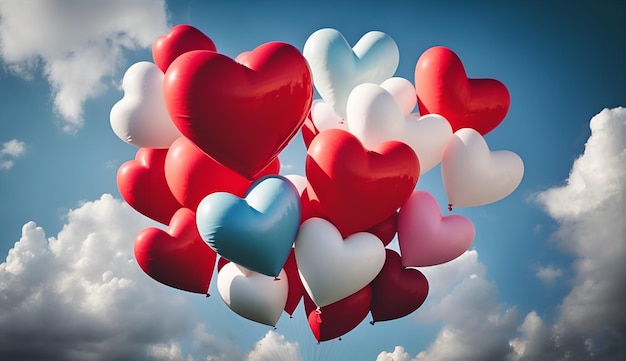 There is a bunch of heart shaped red pink and white colour foil balloons flying on the blue sky