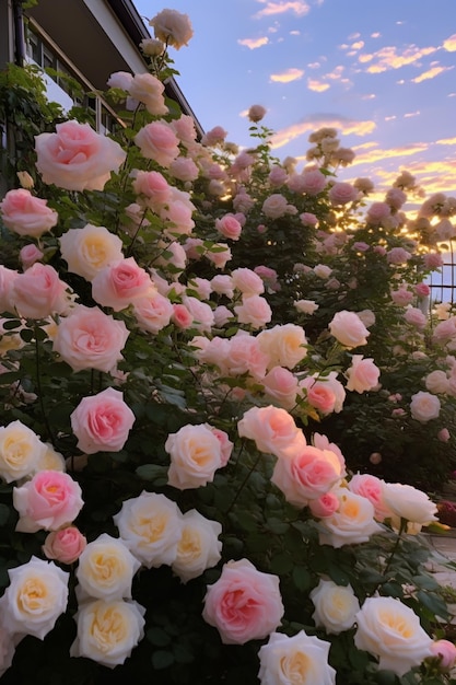 there is a bush of pink and white roses in front of a house generative ai