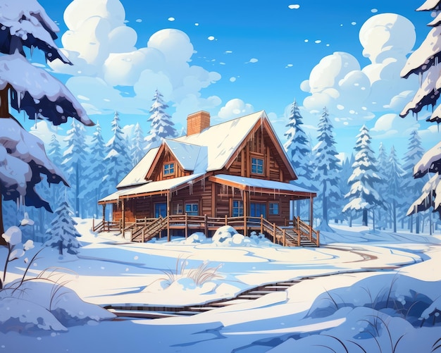 There is a cabin surrounded by snowy field and trees Generative AI