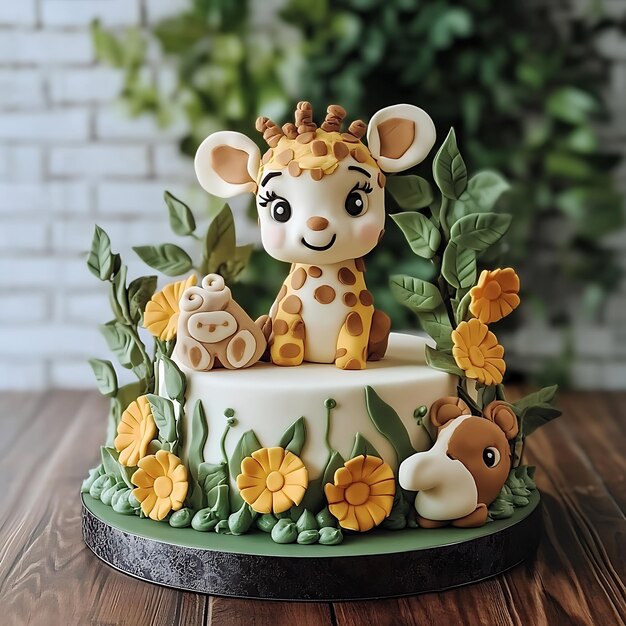 Photo there is a cake with a giraffe and other animals on it