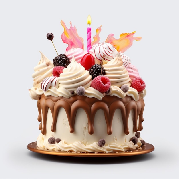 There is a cake with icing and berries on top of it generative ai