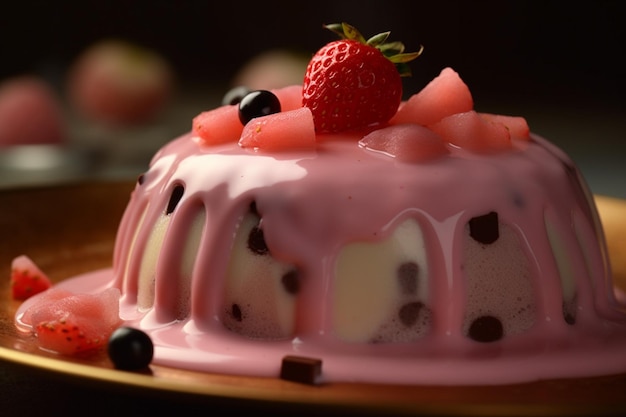 There is a cake with pink icing and berries on top generative ai