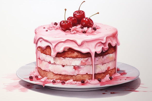 there is a cake with pink icing and cherries on top generative ai