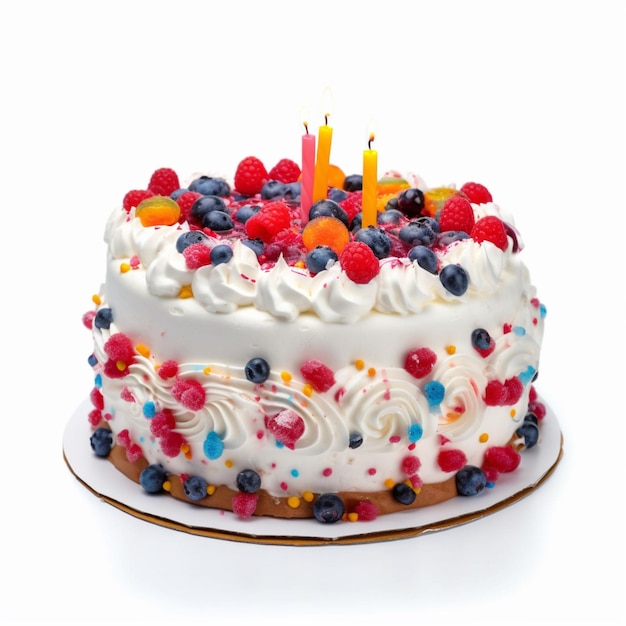 There is a cake with white frosting and berries on it generative ai