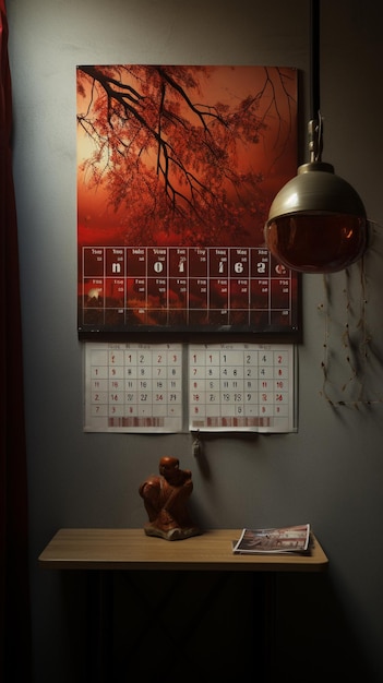 there is a calendar on the wall next to a lamp generative ai