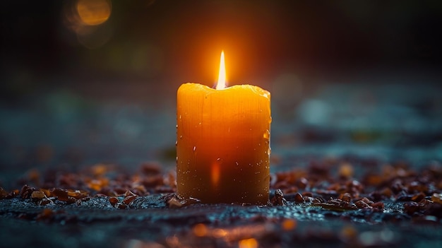 there is a candle that is lit on the ground with leaves generative ai