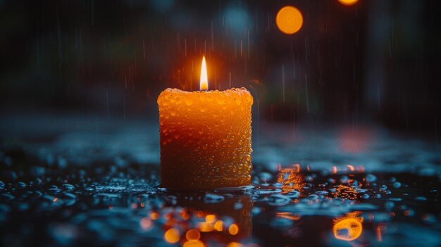 there is a candle that is lit in the rain on the ground generative ai