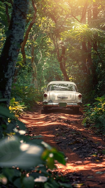 there is a car that is driving down a dirt road generative ai