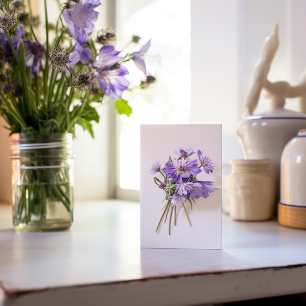 there is a card with a picture of purple flowers on it generative ai