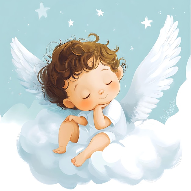 Photo there is a cartoon of a baby angel sleeping on a cloud