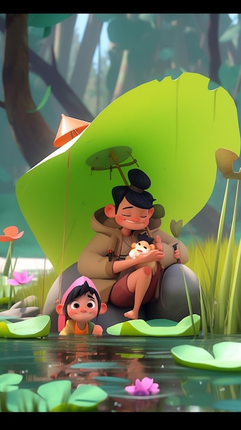 there is a cartoon character sitting on a rock with a baby generative ai