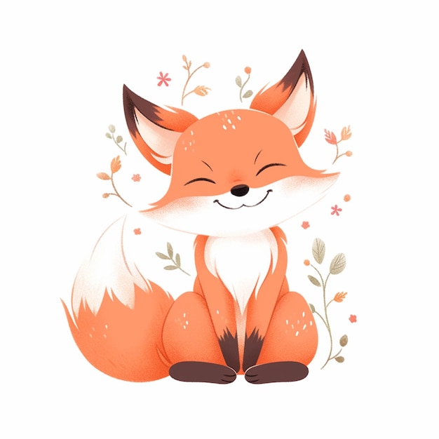 There is a cartoon fox sitting on the ground with flowers generative ai