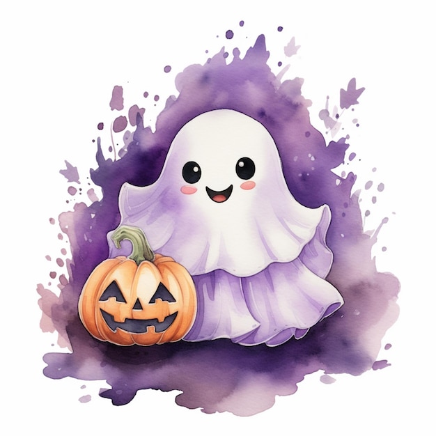 there is a cartoon ghost with a pumpkin on a purple background generative ai