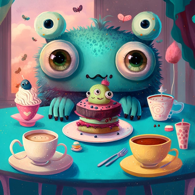 there is a cartoon monster sitting at a table with a cake and cup of coffee generative ai