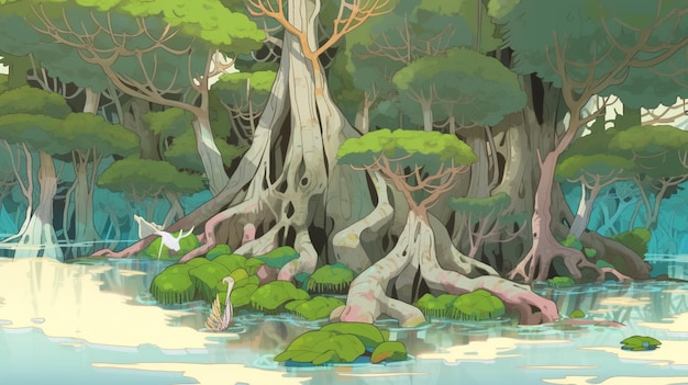 there is a cartoon picture of a swamp with trees and water generative ai