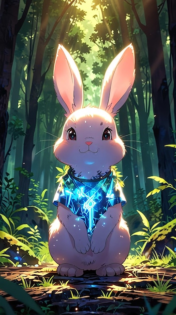 there is a cartoon rabbit sitting on a log in the woods _Ai generated