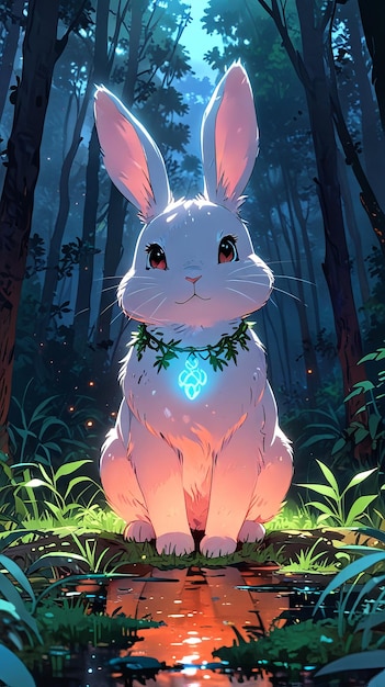 there is a cartoon rabbit sitting on a log in the woods _Ai generated