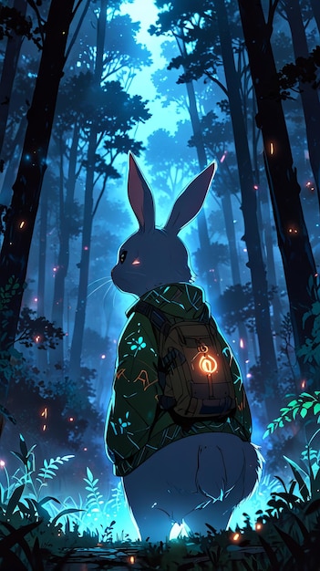 there is a cartoon rabbit sitting on a log in the woods _Ai generated