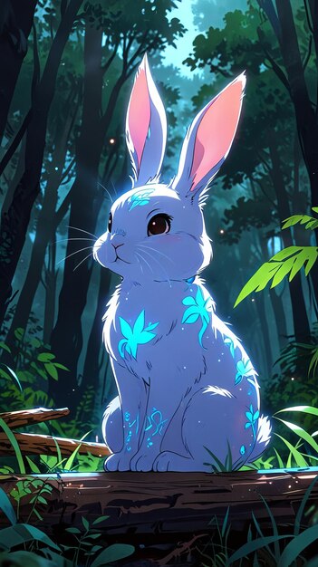 there is a cartoon rabbit sitting on a log in the woods _Ai generated