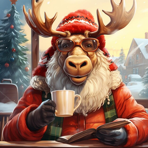 there is a cartoon of a reindeer with glasses and a hat holding a cup generative ai