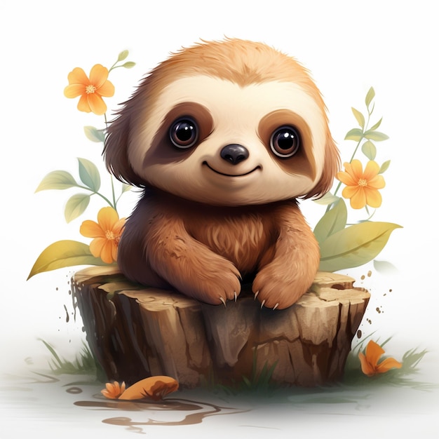 There is a cartoon sloth sitting on a tree stump generative ai