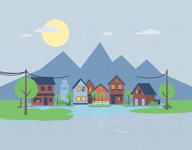 Photo there is a cartoon of a small town with a river running through it