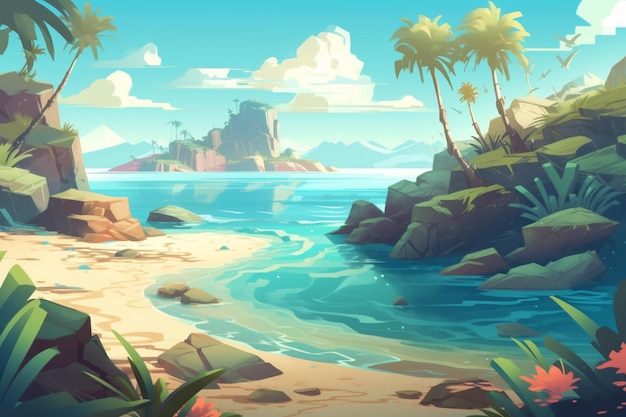 There is a cartoon style illustration of a tropical beach scene generative ai