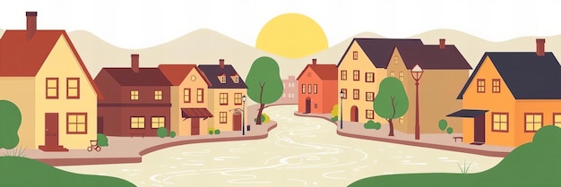 There is a cartoon of a town with a river running through it