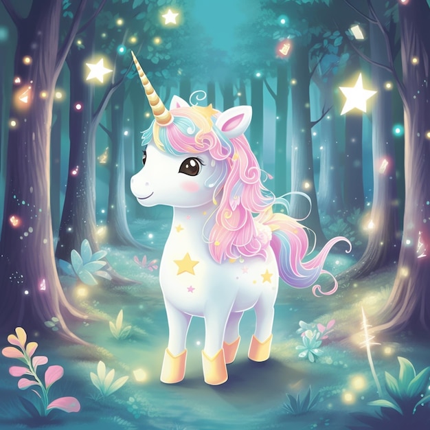 there is a cartoon unicorn standing in the woods with stars generative ai