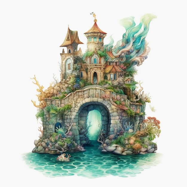 There is a castle with a waterfall and a bridge in the water generative ai