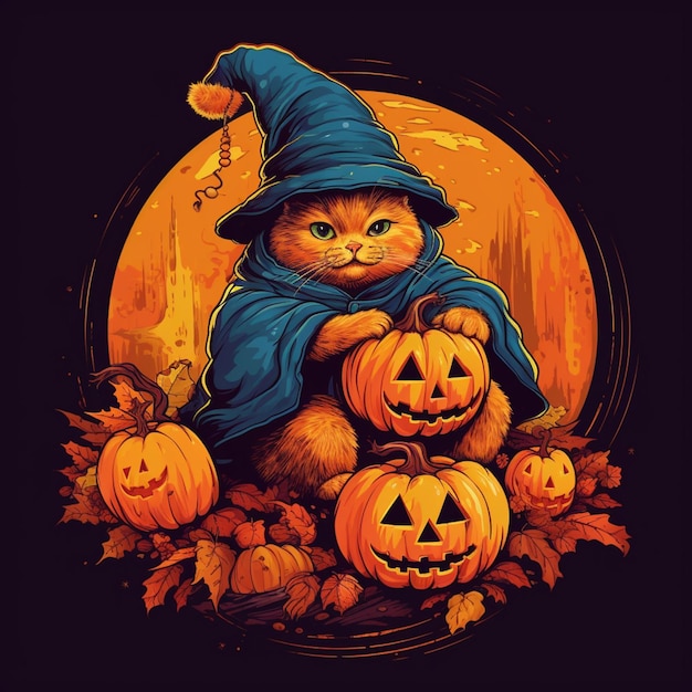 There is a cat dressed as a witch sitting on a pumpkin generative ai