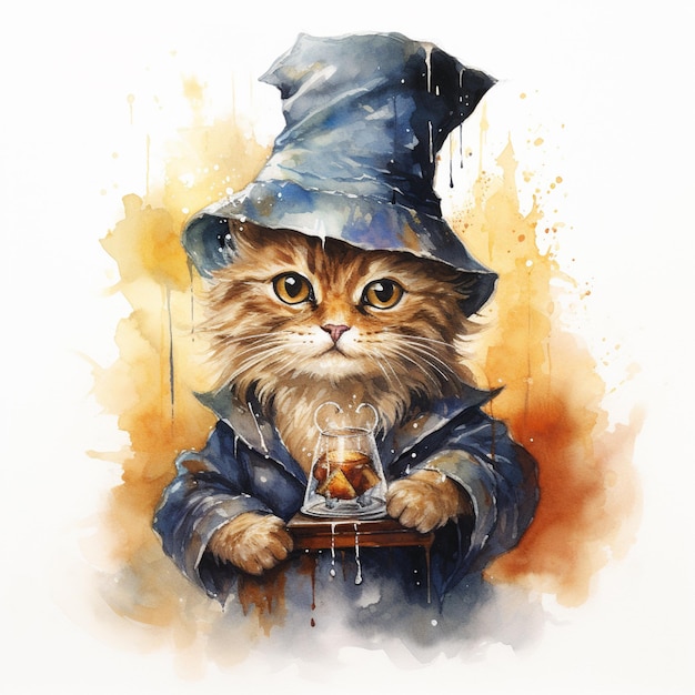 There is a cat dressed as a wizard with a glass of wine generative ai