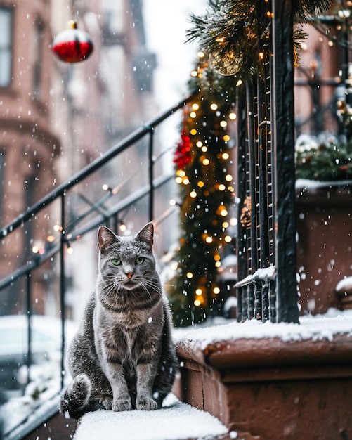 there is a cat sitting on a ledge in the snow generative ai