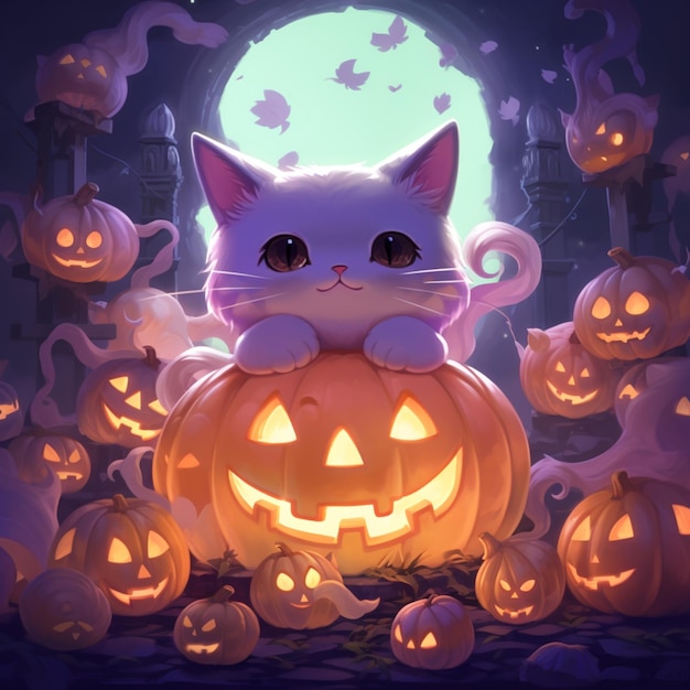 there is a cat sitting on a pumpkin with a full moon in the background generative ai