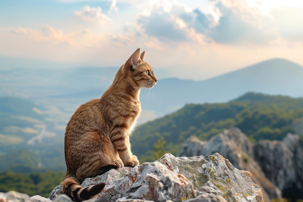 Photo there is a cat sitting on a rock looking out over the mountains generative ai