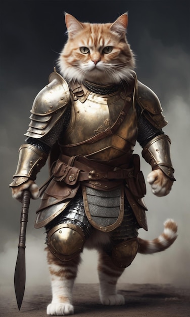 there is a cat that is dressed in armor and holding a sword