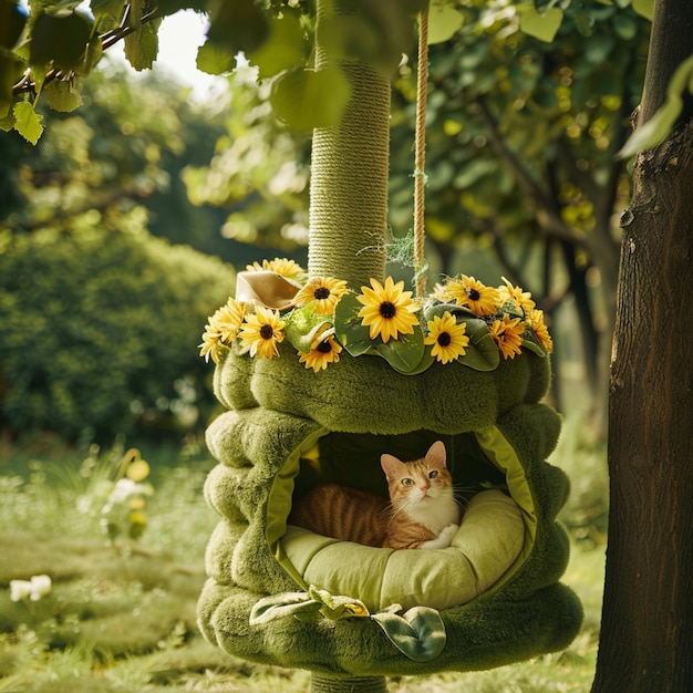 Photo there is a cat that is laying in a tree with sunflowers generative ai