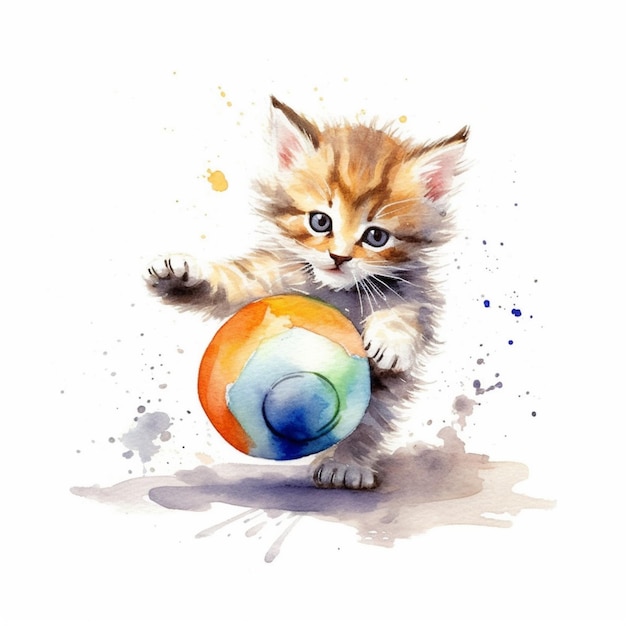 There is a cat that is playing with a ball on the ground generative ai