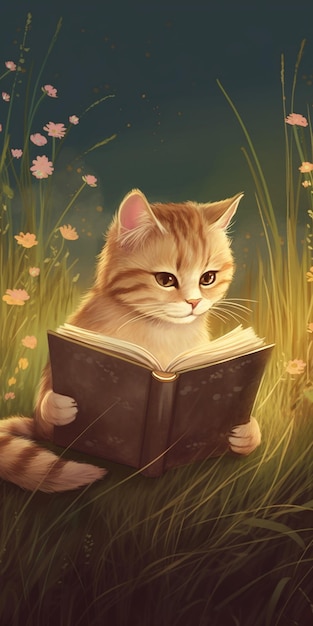 There is a cat that is reading a book in the grass generative ai