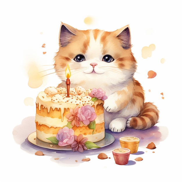 There is a cat that is sitting next to a cake generative ai