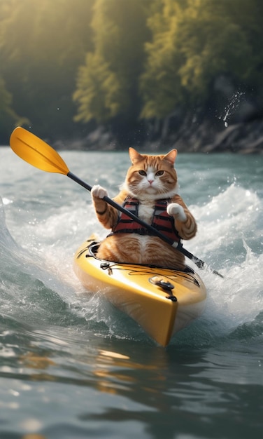 there is a cat that is sitting on a kayak in the water