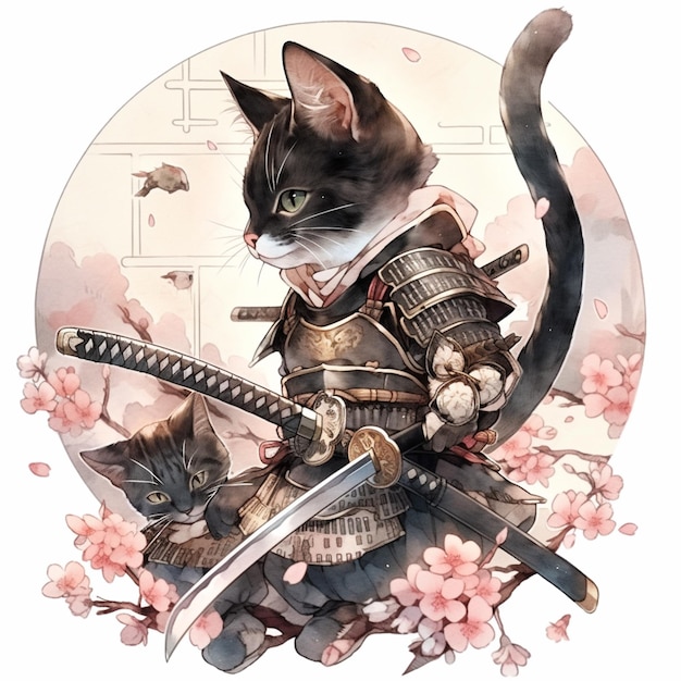 there is a cat that is sitting on a samurai cat generative ai