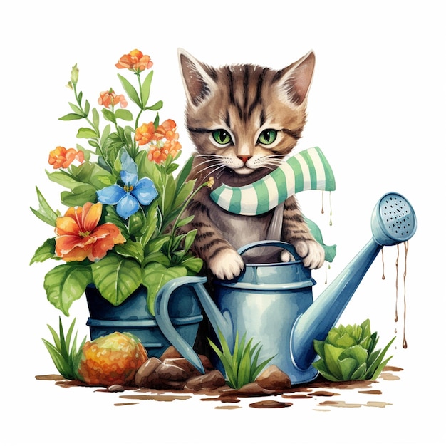 there is a cat that is sitting in a watering can generative ai