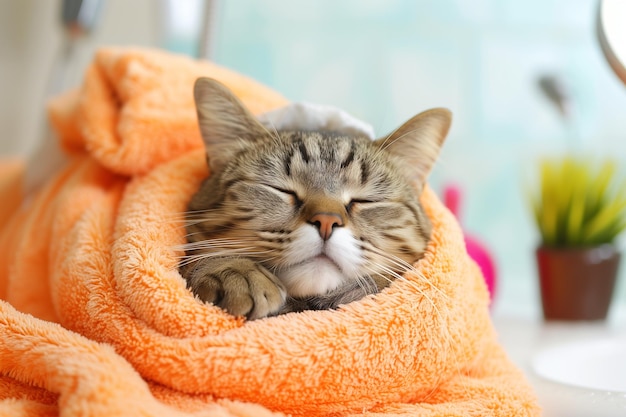 there is a cat that is sleeping on a towel in the bathroom generative ai