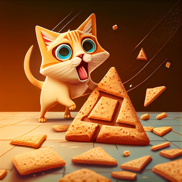 There is a cat that is standing next to a pile of crackers generative ai