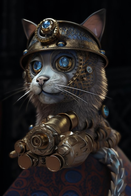 There is a cat wearing a helmet with a chain around its neck generative ai