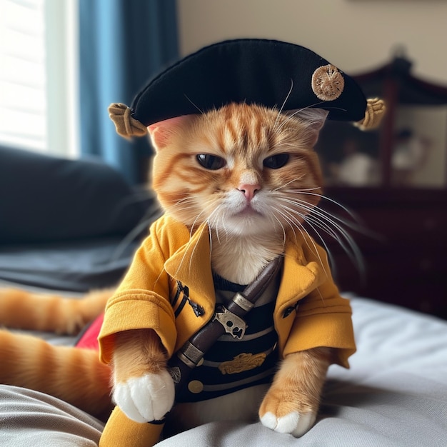 There is a cat wearing a pirate costume on a bed generative ai