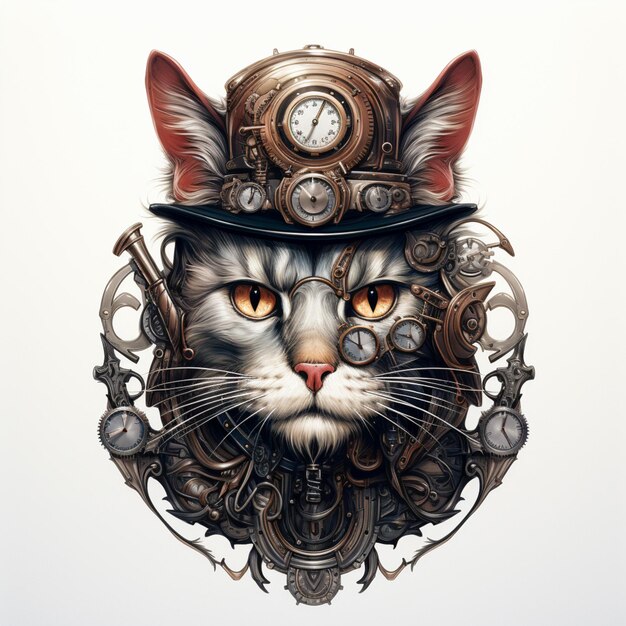 there is a cat with a steam punk hat and a clock generative ai