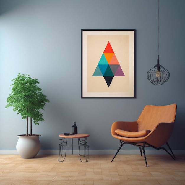 there is a chair and a table in a room with a picture on the wall generative ai