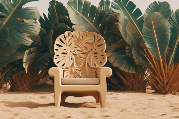 Photo there is a chair that is sitting in the sand near some plants generative ai